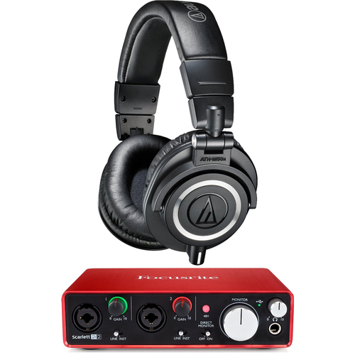 Audio-Technica ATH-M50X Professional Studio Headphones w/ Focusrite 2i2 Audio Interface Bundle