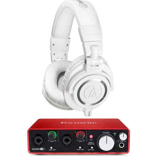 Audio-Technica ATH-M50X Professional Studio Headphones (White) w/ USB Audio Interface Bundle