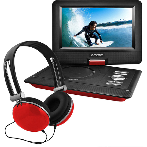 Ematic 10` Portable Swivel Screen DVD Player w/ Headphones, Car Mount - Red
