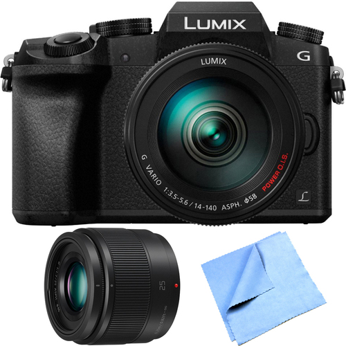 Panasonic LUMIX G7 Interchangeable 4K UHD Black DSLM Camera w/ 14-140mm + 25mm Lens Bundle