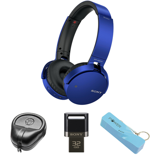 Sony XB Series Wireless Bluetooth Headphones w/ Extra Bass-Blue w/ Flash Drive Bundle