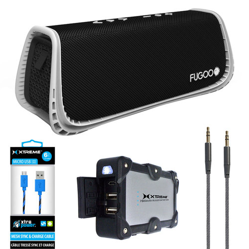 Fugoo Sport XL Port. Waterproof Bluetooth Speaker B&W w/ Power Bank Charger Bundle