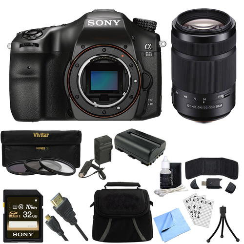 Sony a68 A-Mount 24.2MP Digital Camera Body - 32GB 55-300mm Zoom Lens Bundle