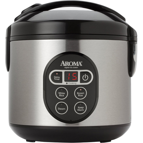 Aroma 8-Cup (Cooked) Digital Rice Cooker and Food Steamer, Stainless Steel - OPEN BOX