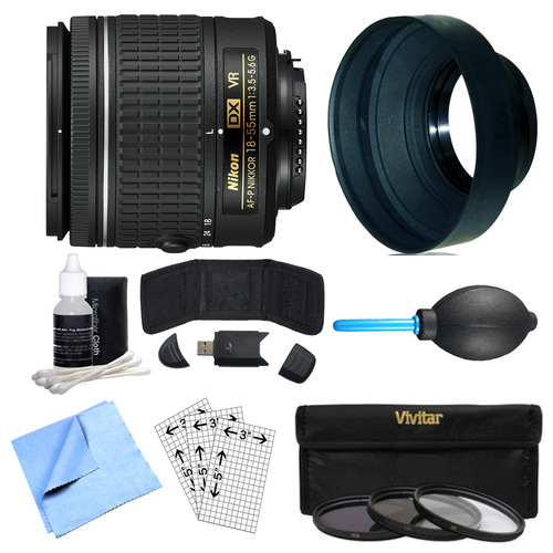 Nikon AF-P DX NIKKOR 18-55mm f/3.5-5.6G VR Lens, Filter Kit, and Accessories Bundle