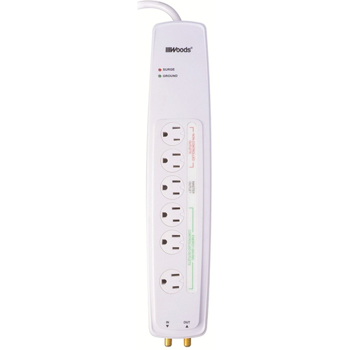 Coleman Cable Woods Wire 6-Outlet Surge Protector with Coax Protection in White - 0417067810
