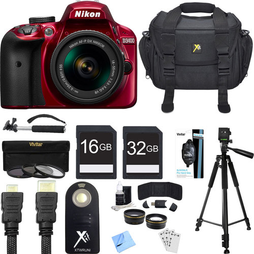 Nikon D3400 24.2 MP DSLR Camera w/ AF-P DX 18-55mm VR Lens Kit (Red) Deluxe Bundle