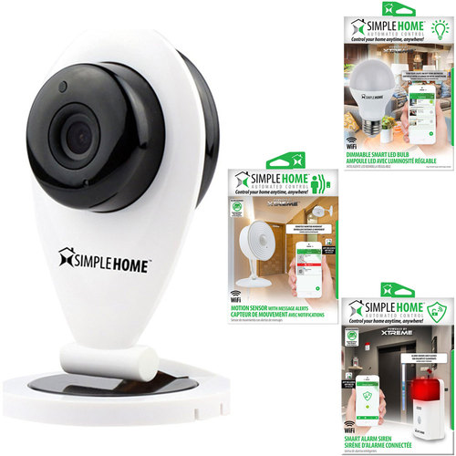 Simple Home XHS7-1002-WHT WiFi Smart Siren Alarm w/ Security Camera, Motion Sensor, LED Bulb
