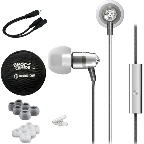 MEElectronics Crystal In-Ear Headphones with Microphone Silver w/ Case Bundle