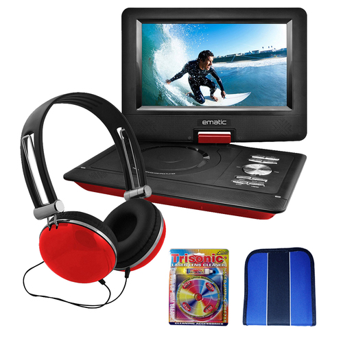 Ematic EPD116RD 10` Portable Swivel Screen DVD Player w/ Headphones & Car Mount Bundle