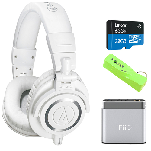 Audio-Technica ATH-M50X Professional Studio White Headphone w/ BlackHat Tech Power Bank Bundle