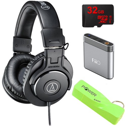 Audio-Technica ATH-M30x Professional Headphones w/ Powerbank, 32gb Micro SD & Amp Bundle