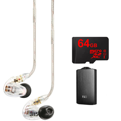 Shure SE315 Earphones (Clear) w/HD MicroDriver & Tuned BassPort, FiiO A3 Amp Bundle