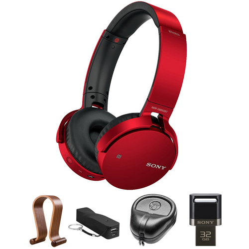 Sony XB Series Wireless Bluetooth Headphones w/ Extra Bass Red w/ Stand Bundle