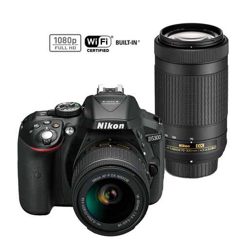 Nikon D5300 DX Digital 24.2 MP SLR Camera w/ (AF-P 18-55 + 70-300mm) VR Lens Refurbish