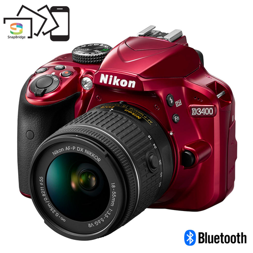 Nikon D3400 24.2 MP DSLR Camera w/ AF-P DX 18-55mm VR Lens Kit (Red) - Refurbished