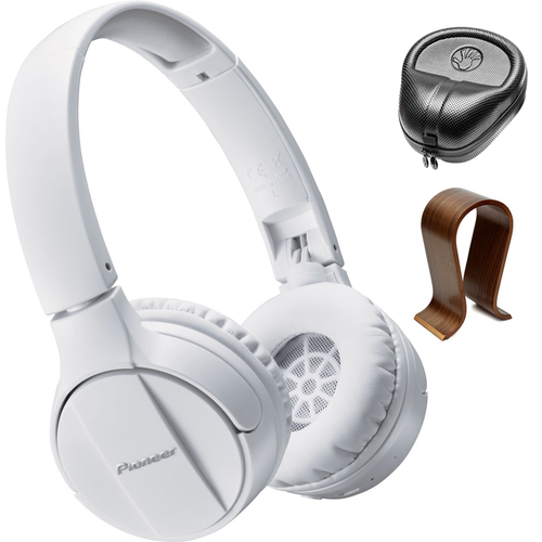 Pioneer On-Ear Wireless Headphones White SE-MJ553BT-W w/ Wood Stand Bundle