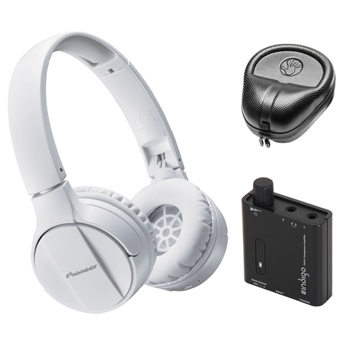 Pioneer On-Ear Wireless Headphones, White w/ Amplifier Bundle