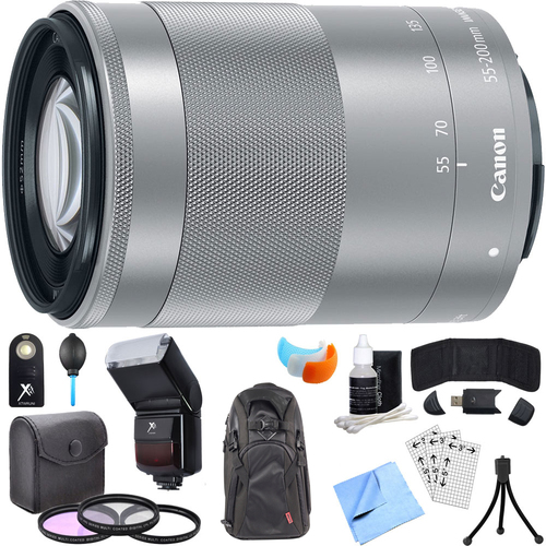 Canon EF-M 55-200mm f/4.5-6.3 IS STM Lens w/ 49mm Filter Set + Flash Bundle