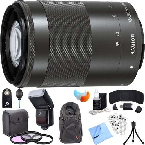 Canon EF-M 55-200mm f/4.5-6.3 IS STM Lens w/ 49mm Filter Kit + Flash Bundle