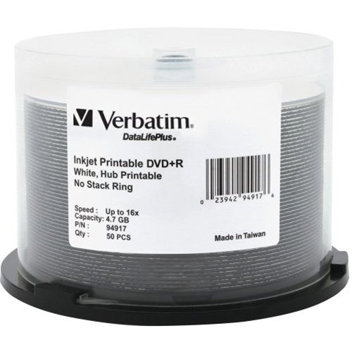 Verbatim DVD+R 4.7GB 16X DataLifePlus White Inkjet Printable 50pk Spindle - 94917