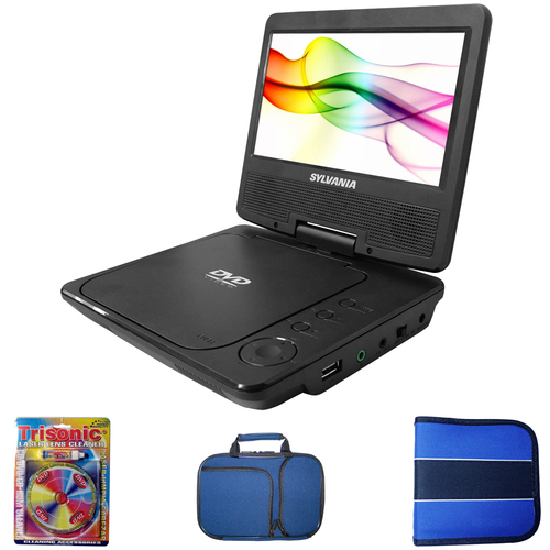 Sylvania 7` Swivel Screen Portable DVD Player w/ Cleaning + Carrying Case Bundle