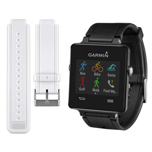 Garmin Vivoactive Smartwatch Bundle (Black) w/ Replacement White Strap - 010-01297-13