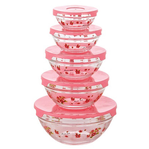 Diamond Home 5 Glass bowl set with Lids Pink SC10122