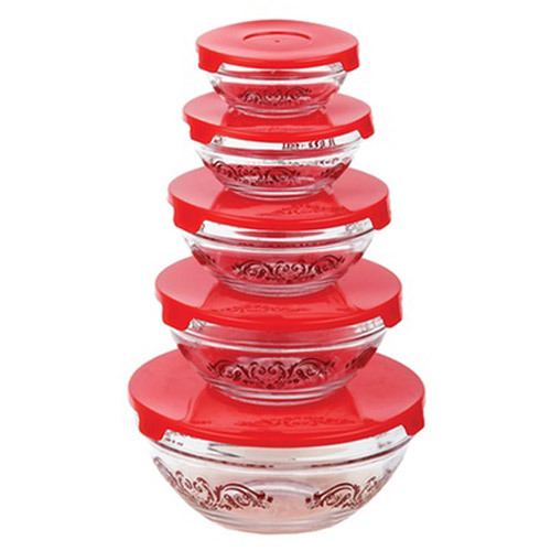 Diamond Home 5 Glass bowl set with Lids Red SC10123