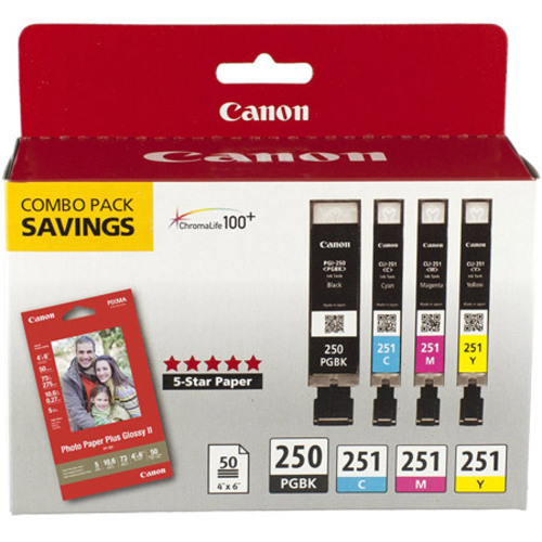 Canon 6497B004 Inks & Paper Pack,PGI-250 BK,CLI-251,4 Inks & 50 Sheets 4x6 Paper, CMYK