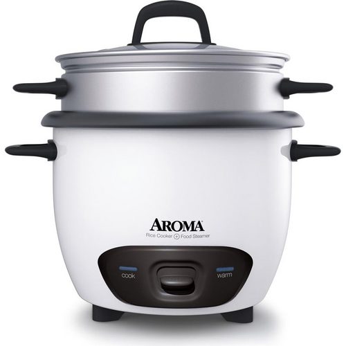 Aroma ARC-743-1NG White Pot Style 6-Cup Cooked Rice Cooker and Food Steamer