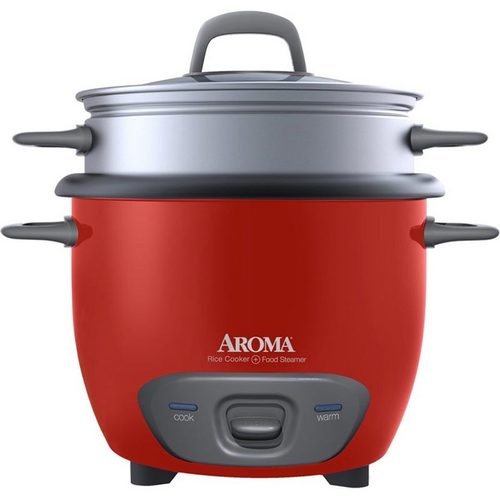 Aroma ARC-743-1NGR Pot Style 6-Cup Cooked Rice Cooker and Food Steamer- Red