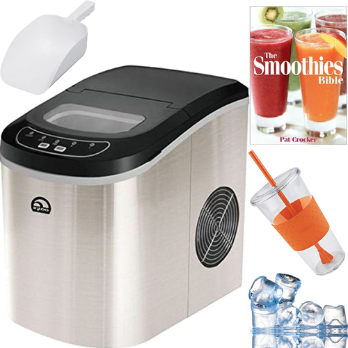 Igloo Compact Portable Ice Maker (Stainless Steel) + Smoothie Bible Bundle - ICE102ST