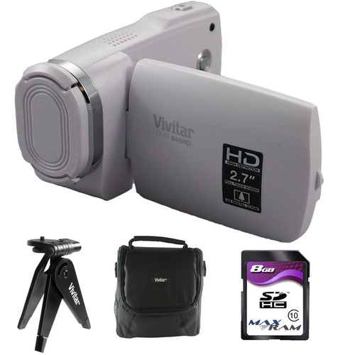 Vivitar Full HD Digital Camcorder DVR949-White w/ Gadget Bag, Tripod, 8GB SD Card Kit