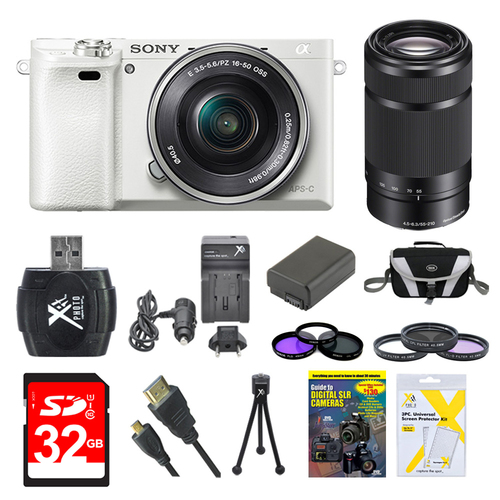 Sony Alpha a6000 White Camera with 16-50mm and Black SEL 55-210 Lenses 32GB Kit