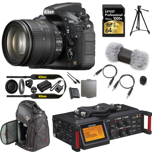 Nikon D810 FX-format Digital SLR with 24-120mm f/4G ED and Tascam DR-70D Recorder Kit