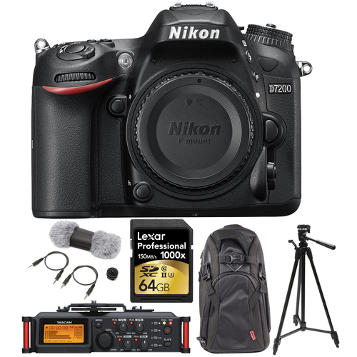 Nikon D7200 DX-Format 24.2MP HD-DSLR Body + Tascam Recorder + Lexar 64GB Card Bundle