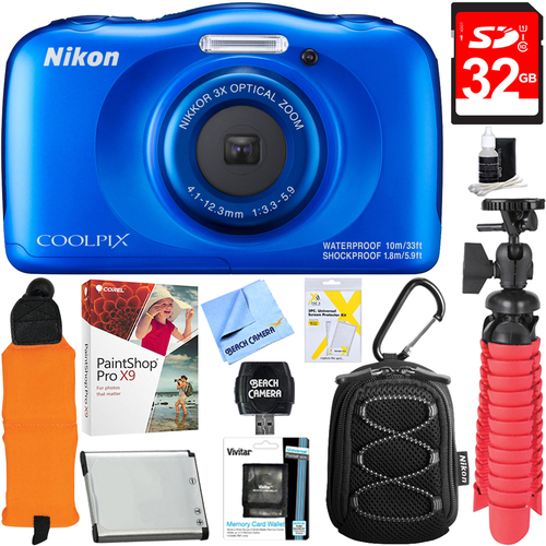 Nikon COOLPIX W100 13.2MP Waterproof Blue Digital Camera + 32GB Memory & Accessory Kit