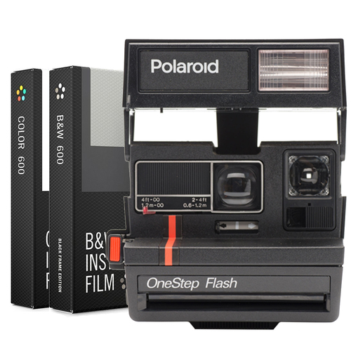 Impossible Polaroid 600 Instant Film Square Camera, Flash (Red Stripe) w/ Dual Film Bundle