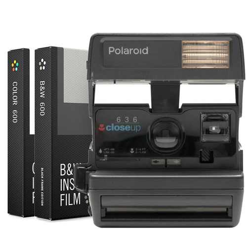 Impossible Polaroid 600 Square Camera Black +Built-In Flash w/ Dual Film Bundle
