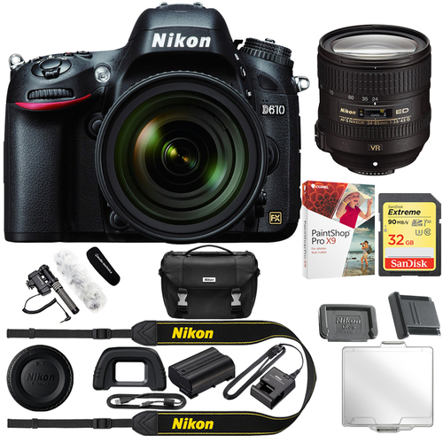 Nikon D610 FX-format 24.3 MP HD video DSLR Camera + 24-85mm Lens + Reporter Kit