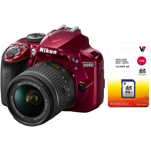 Nikon D3400 24.2 MP DSLR Camera w/ AF-P DX 18-55mm VR Lens Kit (Red)