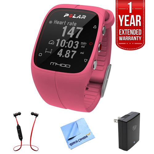 Polar M400 GPS Smart Sports Watch, Pink w/ Extended Warranty Bundle