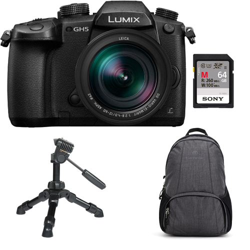 Panasonic LUMIX GH5 20MP 4K Mirrorless Digital Camera Bundle w/ SD Card, Backpack, Tripod