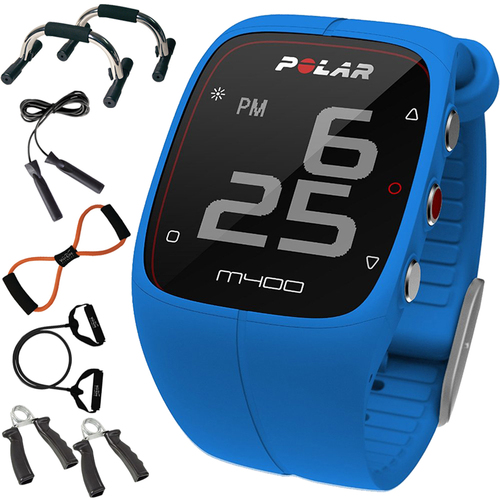 Polar M400 GPS Smart Sports Watch, Blue + 7-in-1 Fitness Kit