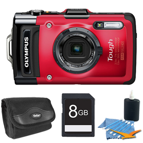 Olympus STYLUS TG-2 iHS 12MP 4x Wide/8x SR Zoom HD Digital Camera Red Plus 8 GB Kit