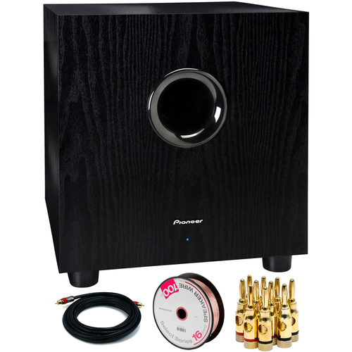 Pioneer 100-Watt Powered Subwoofer with Banana Plugs & Cables Bundle