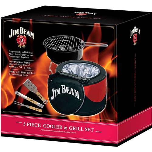 JB0105 Jim Beam 5-Piece Mini Cooler & Grill Combo Set w/ BBQ Tools 