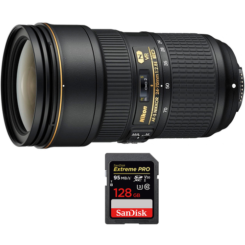 Nikon 24-70mm f/2.8E ED VR AF-S Zoom Lens for Nikon DSLR with 128GB Memory Card