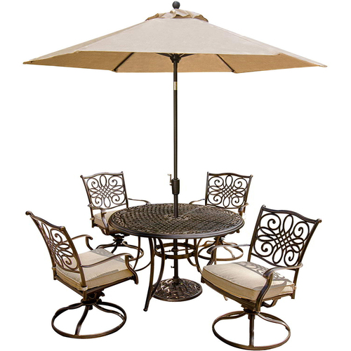 Hanover Traditions 5 Piece Dining Set with Swivel Chair and Umbrella- TRADITIONS5PCSW-SU